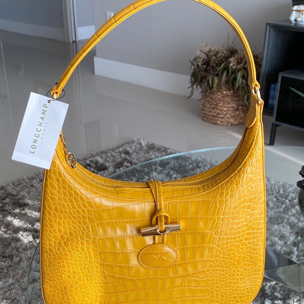 Longchamp Gold Leather  Croc-Embossed Handbag